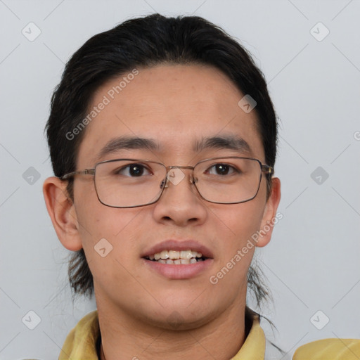 Joyful asian young-adult male with short  brown hair and brown eyes