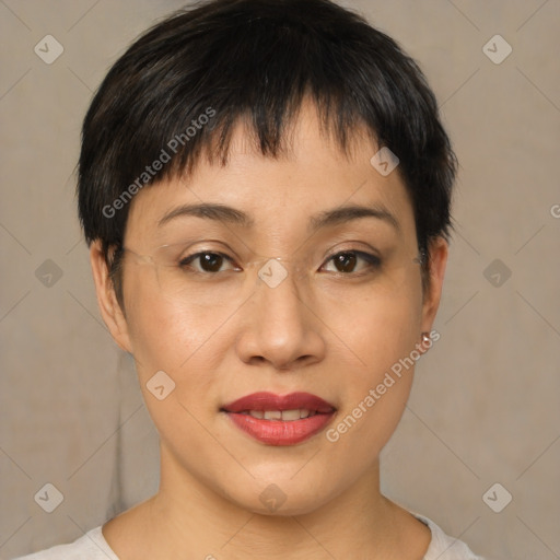 Joyful white young-adult female with short  brown hair and brown eyes