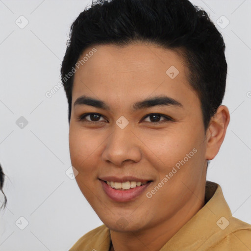 Joyful latino young-adult female with short  brown hair and brown eyes