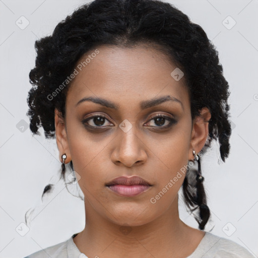 Neutral black young-adult female with medium  black hair and brown eyes