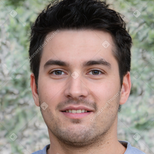 Joyful white young-adult male with short  black hair and brown eyes