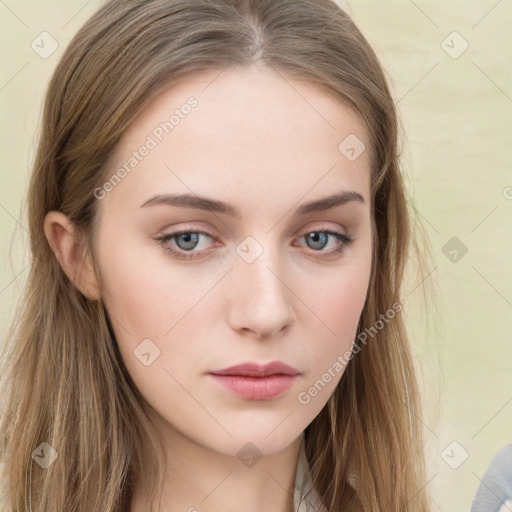 Neutral white young-adult female with long  brown hair and grey eyes