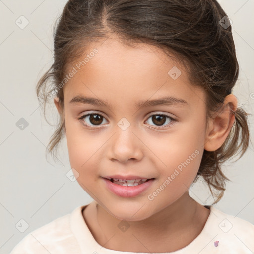 Joyful white child female with medium  brown hair and brown eyes