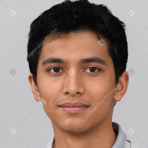 Neutral asian young-adult male with short  black hair and brown eyes