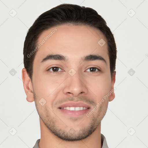 Joyful white young-adult male with short  brown hair and brown eyes