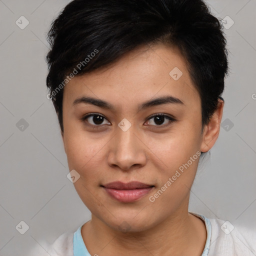 Joyful asian young-adult female with short  black hair and brown eyes