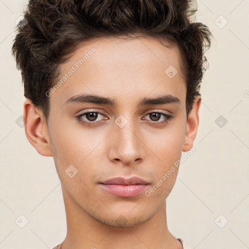 Neutral white young-adult male with short  brown hair and brown eyes