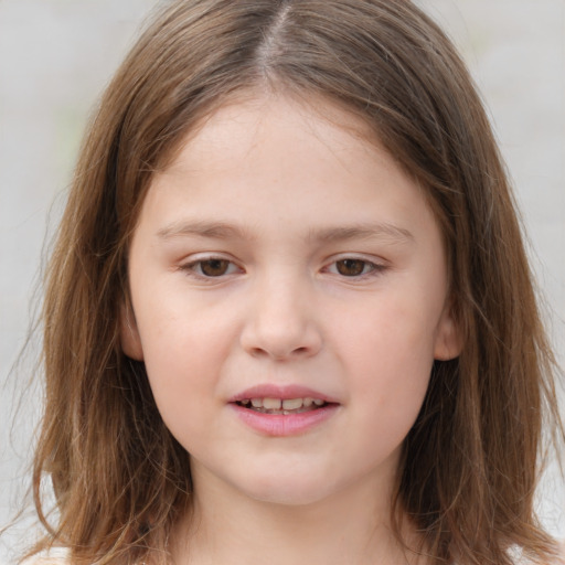 Joyful white child female with medium  brown hair and brown eyes