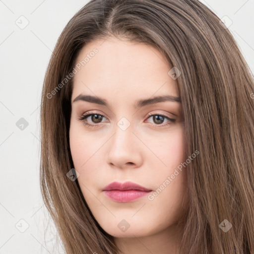 Neutral white young-adult female with long  brown hair and brown eyes