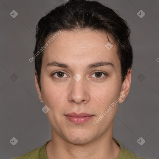 Joyful white young-adult female with short  brown hair and brown eyes