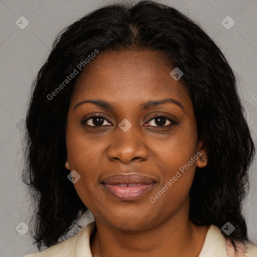 Joyful black young-adult female with medium  black hair and brown eyes