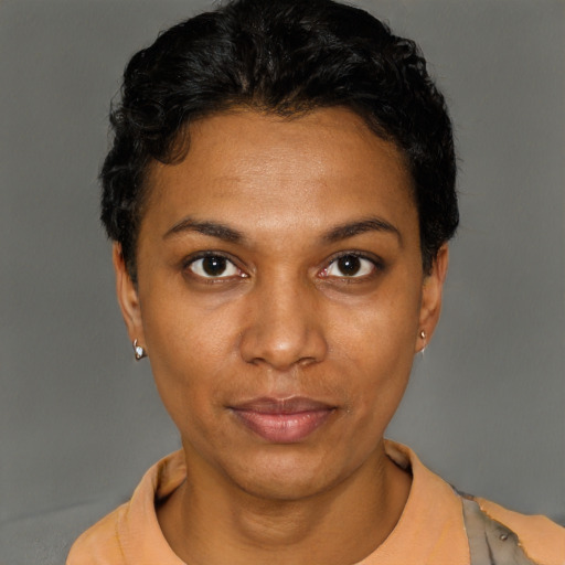 Neutral black young-adult female with short  black hair and brown eyes