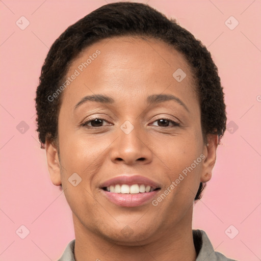 Joyful white young-adult female with short  brown hair and brown eyes