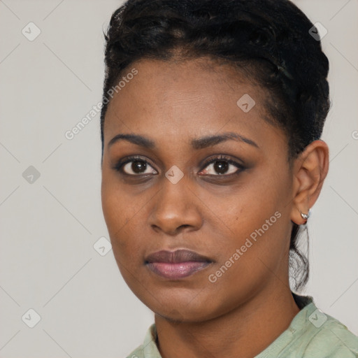 Neutral black young-adult female with short  black hair and brown eyes