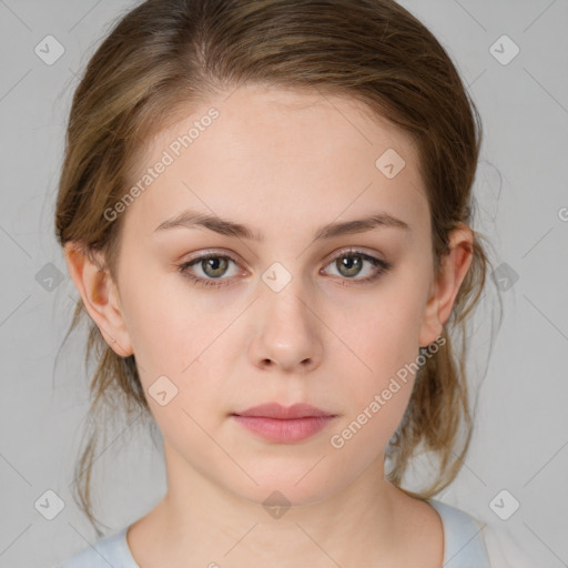 Neutral white young-adult female with medium  brown hair and grey eyes