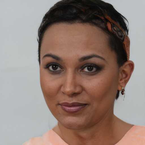 Joyful black young-adult female with short  brown hair and brown eyes