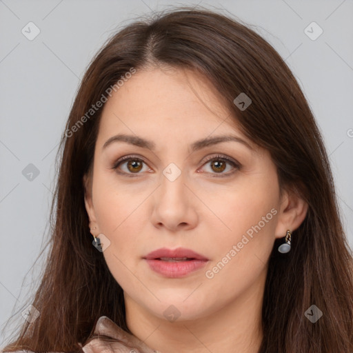 Neutral white young-adult female with long  brown hair and brown eyes