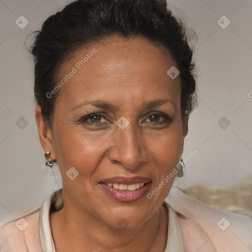 Joyful black adult female with short  brown hair and brown eyes