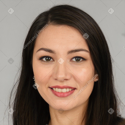 Joyful asian young-adult female with long  brown hair and brown eyes