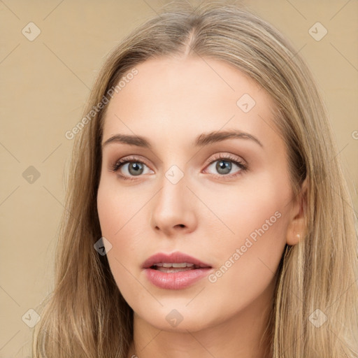 Neutral white young-adult female with long  brown hair and grey eyes