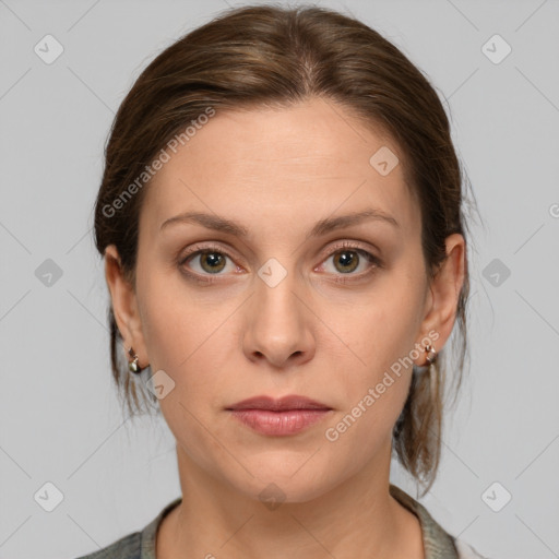 Neutral white young-adult female with medium  brown hair and grey eyes