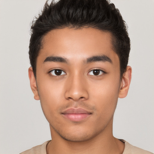 Neutral latino young-adult male with short  brown hair and brown eyes