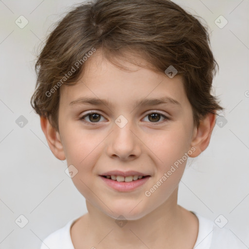 Joyful white child female with short  brown hair and brown eyes