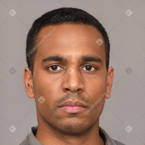 Neutral latino young-adult male with short  black hair and brown eyes