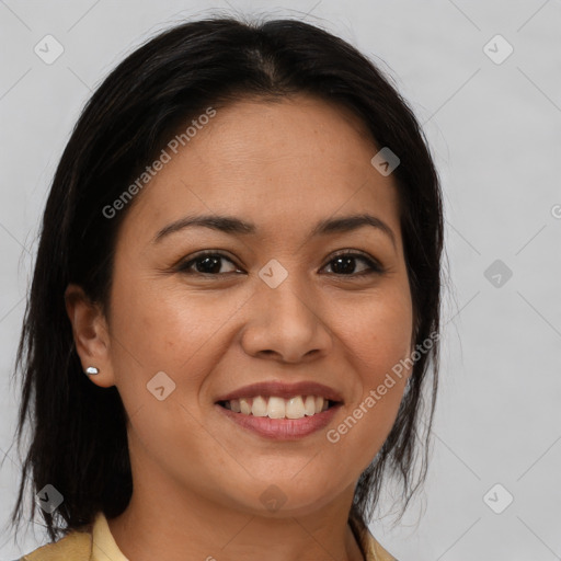 Joyful latino young-adult female with medium  brown hair and brown eyes