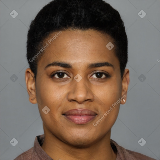 Joyful black young-adult female with short  brown hair and brown eyes