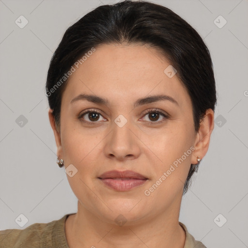 Joyful white adult female with short  brown hair and brown eyes