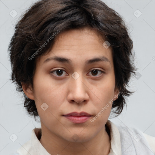 Neutral white young-adult female with medium  brown hair and brown eyes