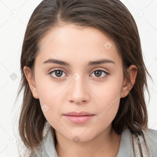 Neutral white young-adult female with medium  brown hair and brown eyes