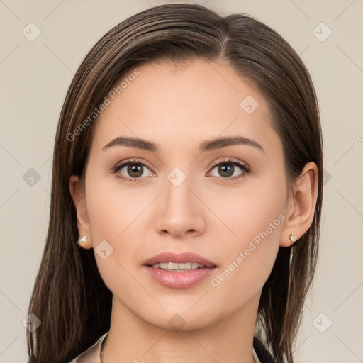 Neutral white young-adult female with long  brown hair and brown eyes