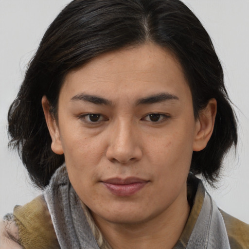 Joyful asian adult female with medium  brown hair and brown eyes