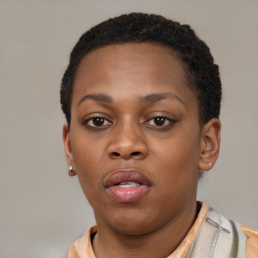Neutral black young-adult female with short  brown hair and brown eyes