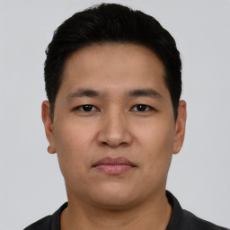 Neutral asian young-adult male with short  black hair and brown eyes