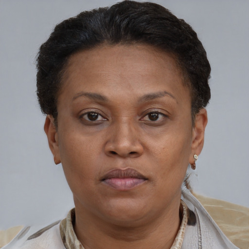 Joyful latino adult female with short  brown hair and brown eyes