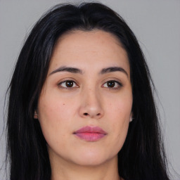 Neutral asian young-adult female with long  black hair and brown eyes