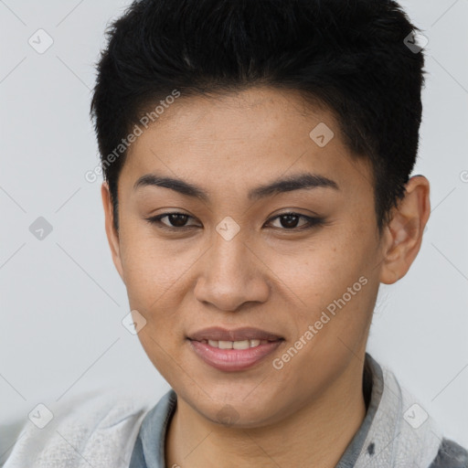 Joyful asian young-adult female with short  brown hair and brown eyes