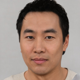 Neutral asian young-adult male with short  black hair and brown eyes