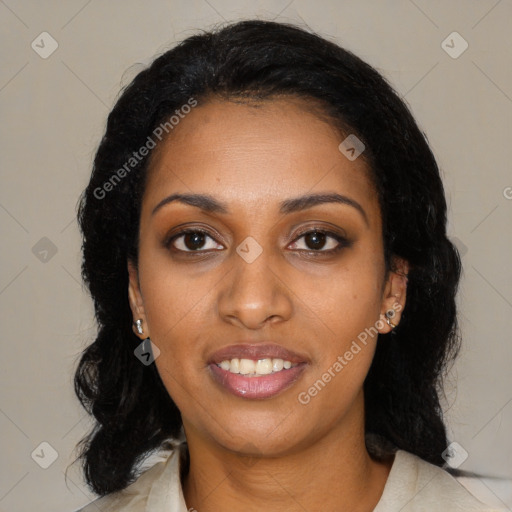 Joyful black young-adult female with medium  black hair and brown eyes