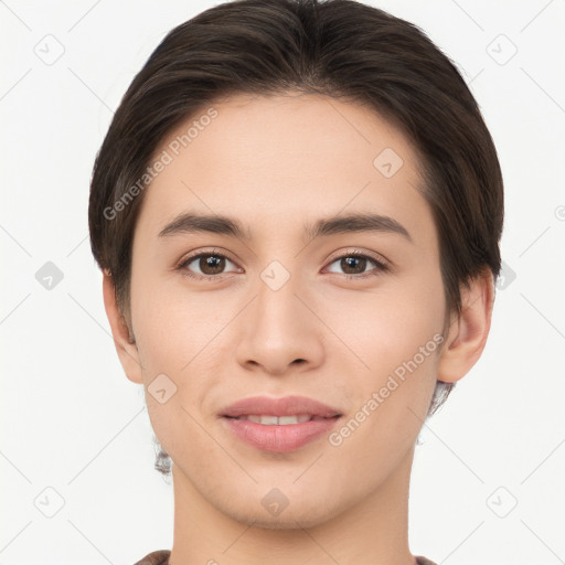 Joyful white young-adult female with short  brown hair and brown eyes