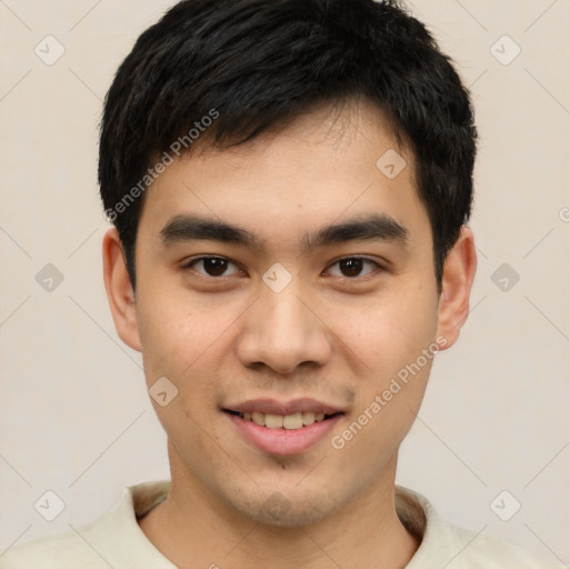 Joyful asian young-adult male with short  black hair and brown eyes