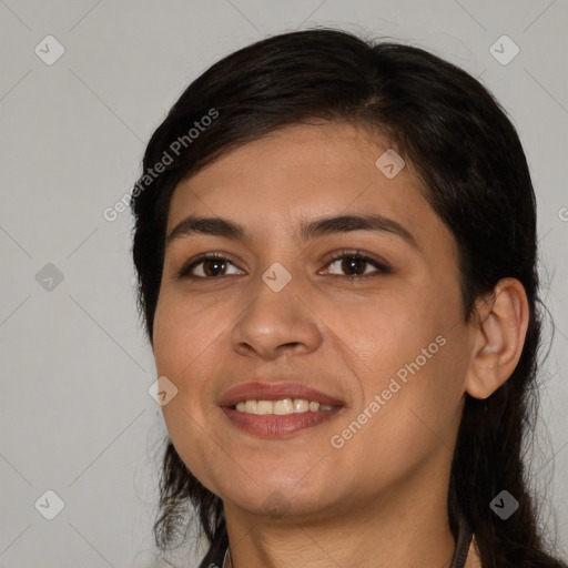 Joyful white young-adult female with medium  brown hair and brown eyes