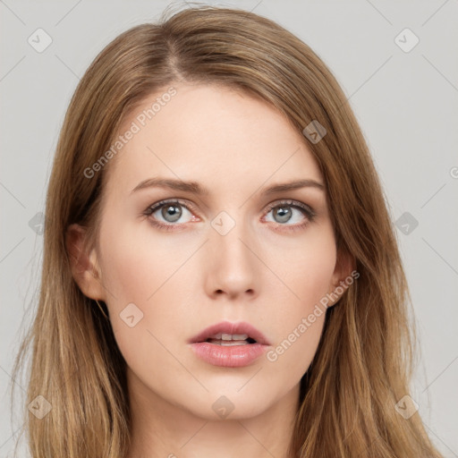 Neutral white young-adult female with long  brown hair and grey eyes