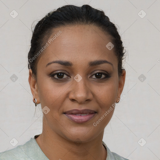 Joyful latino young-adult female with short  brown hair and brown eyes