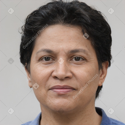 Joyful white adult female with short  brown hair and brown eyes