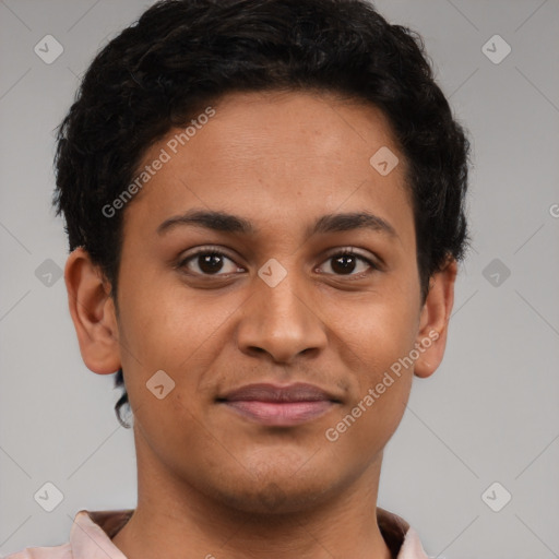 Joyful latino young-adult female with short  brown hair and brown eyes