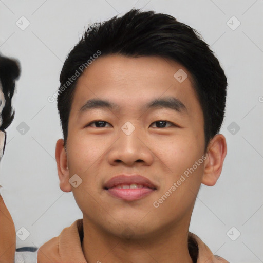 Neutral asian young-adult male with short  black hair and brown eyes